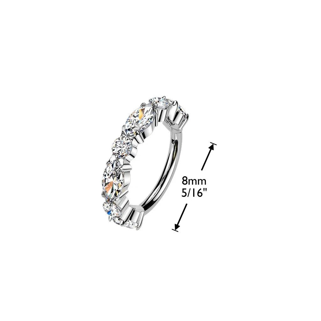 MKBodyJewelry silver titanium nose clicker ring with marquise and round CZ gems, 8mm hinged hoop for cartilage piercing.