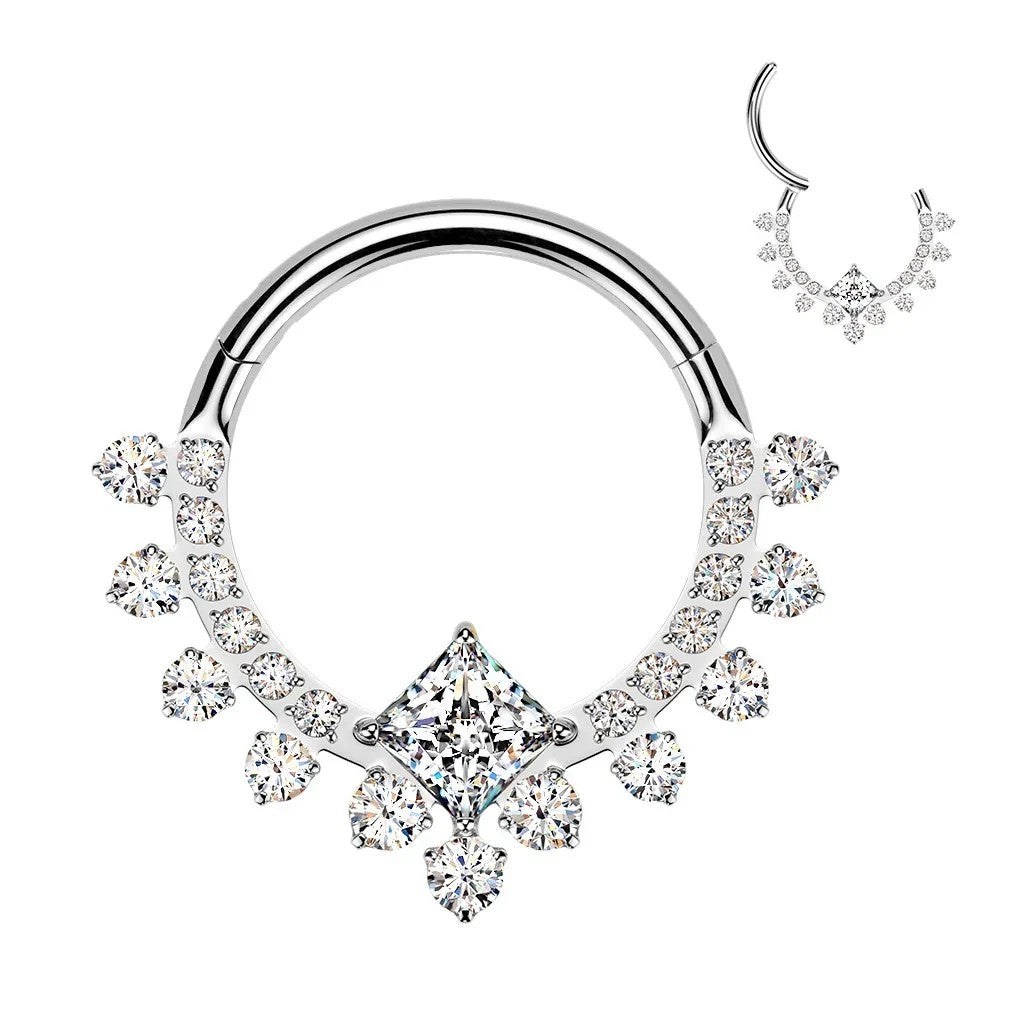 MKBodyJewelry silver titanium septum clicker ring featuring sparkling CZ crystals in a decorative fan design.