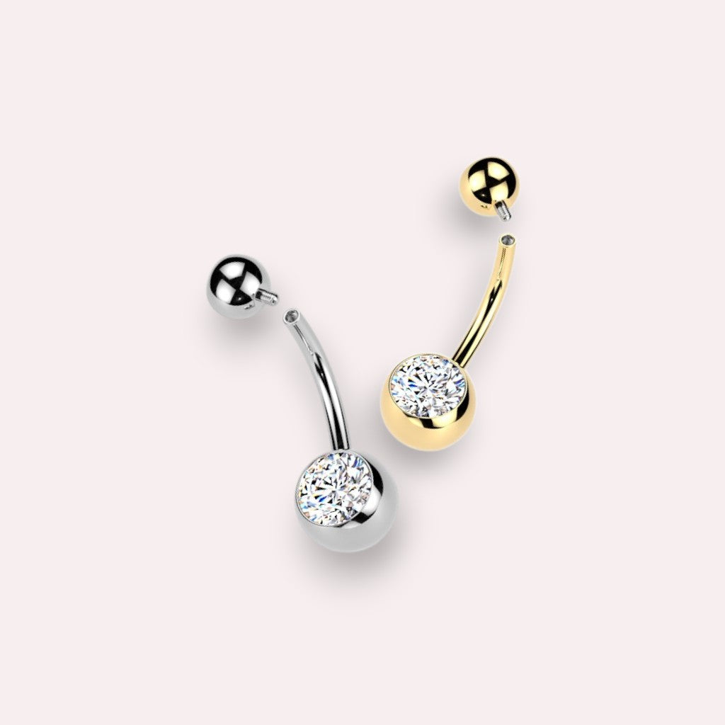 MKBodyJewelry titanium belly button ring with double sparkling CZ jewels in a sleek internally threaded design.