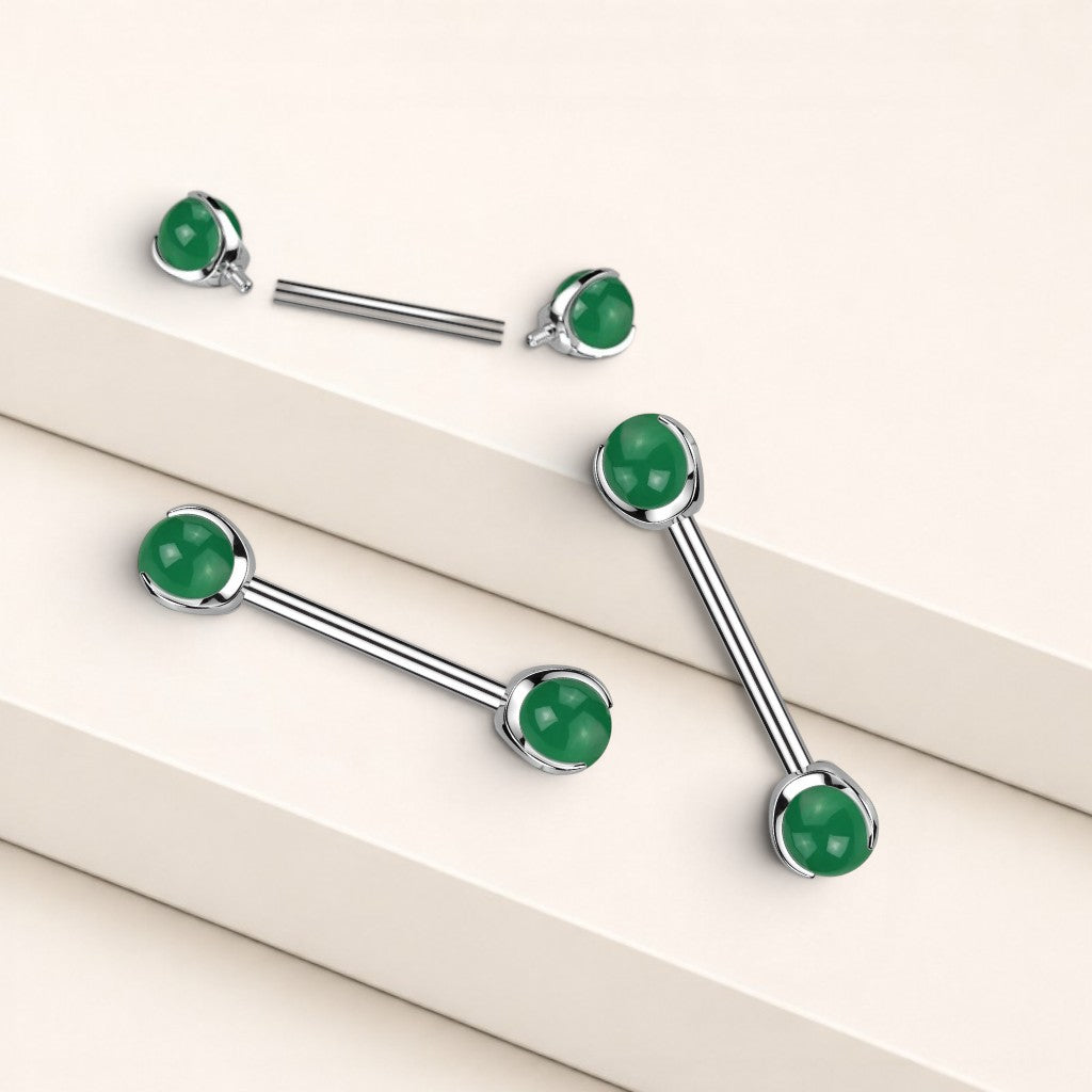 MKBodyJewelry 14g titanium nipple barbell featuring smooth green jade gemstones in an internally threaded design.