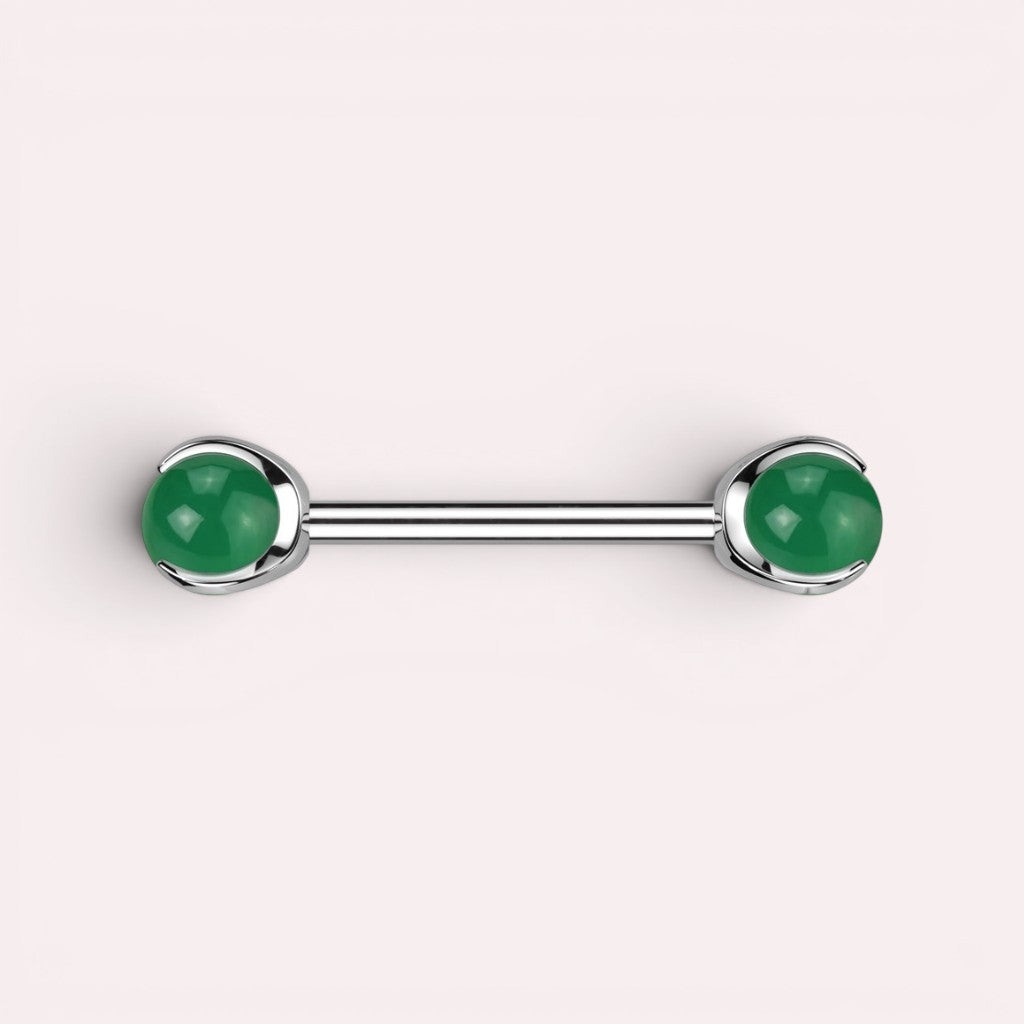 MKBodyJewelry 14g titanium nipple barbell featuring smooth green jade gemstones in an internally threaded design.
