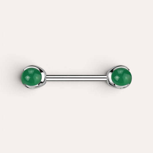 MKBodyJewelry 14g titanium nipple barbell featuring smooth green jade gemstones in an internally threaded design.