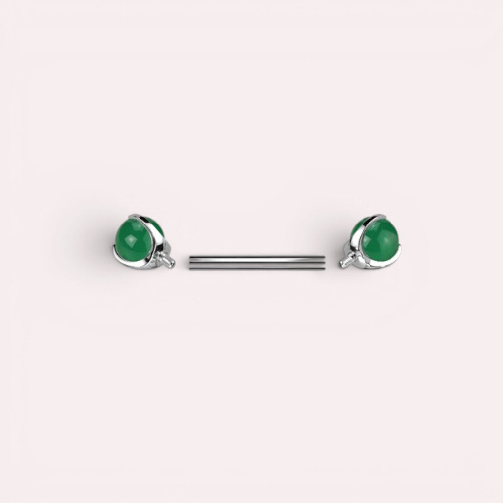 MKBodyJewelry 14g titanium nipple barbell featuring round green jade gemstones in an internally threaded design.