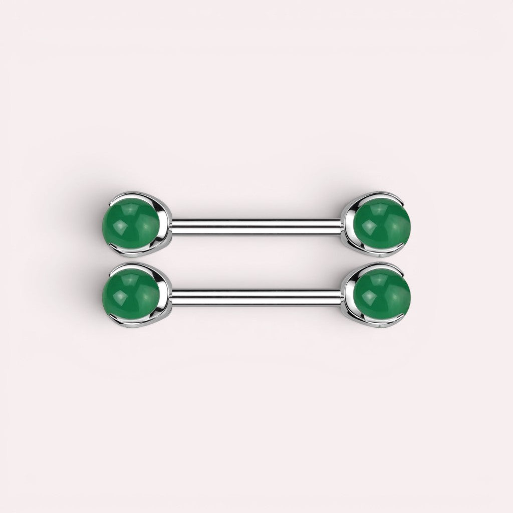 MKBodyJewelry 14g titanium nipple barbell featuring smooth green jade gemstones in an internally threaded design.