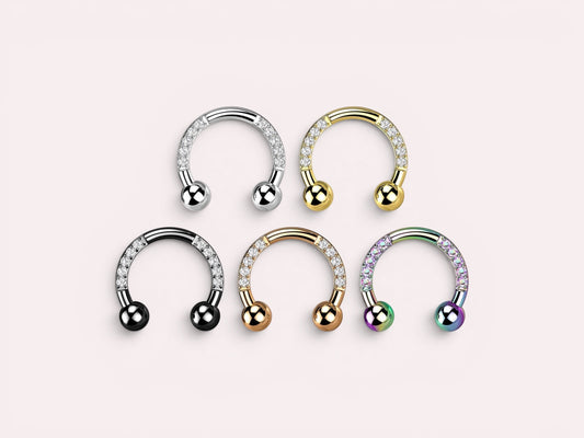 MKBodyJewelry Implant Grade Titanium Horseshoe Earring with pave CZ sides. Available in silver, gold, black, rose gold, and rainbow.
