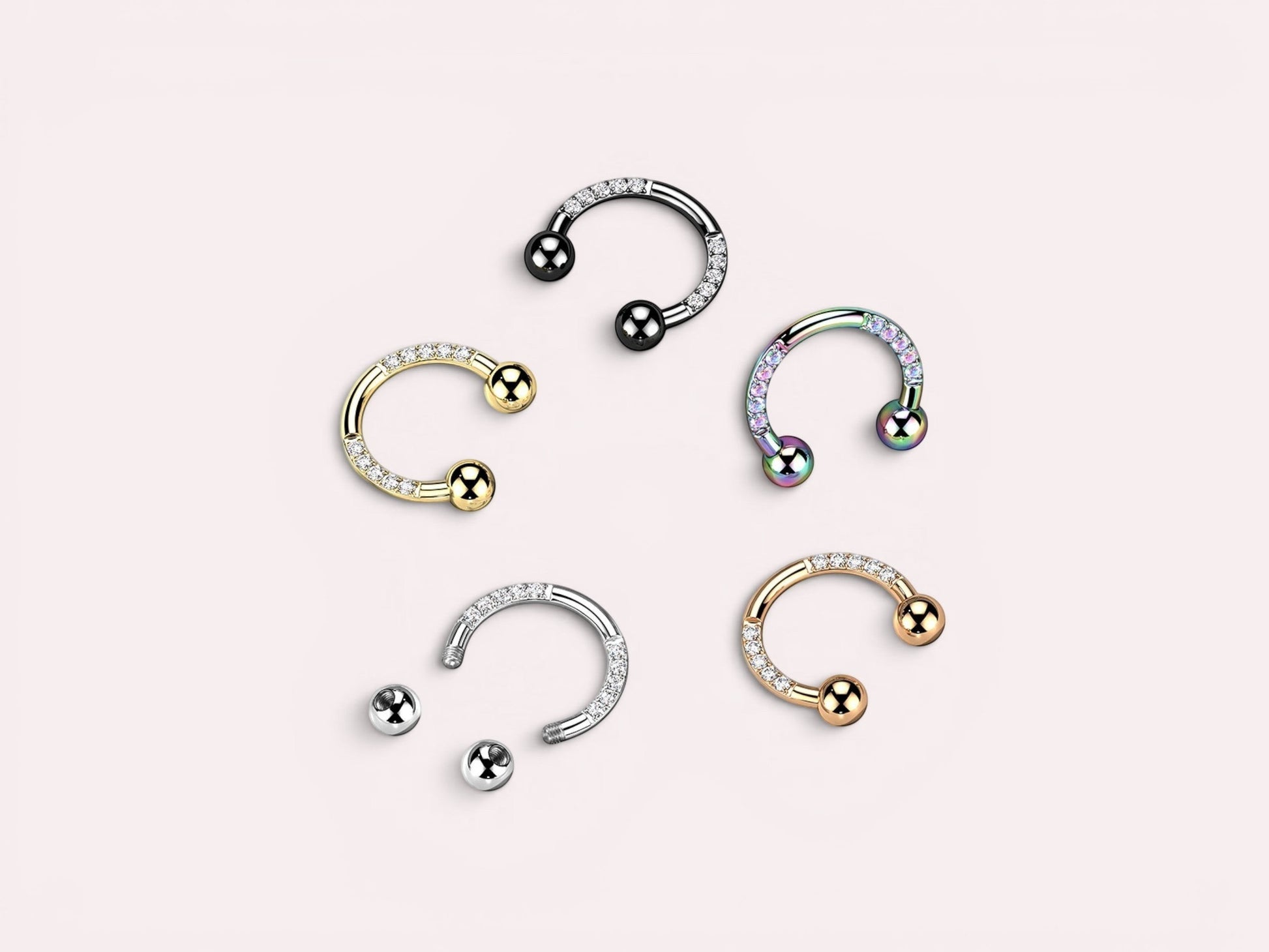MKBodyJewelry Implant Grade Titanium Horseshoe Earring with pave CZ sides, available in gold, silver, black, and rainbow finishes.