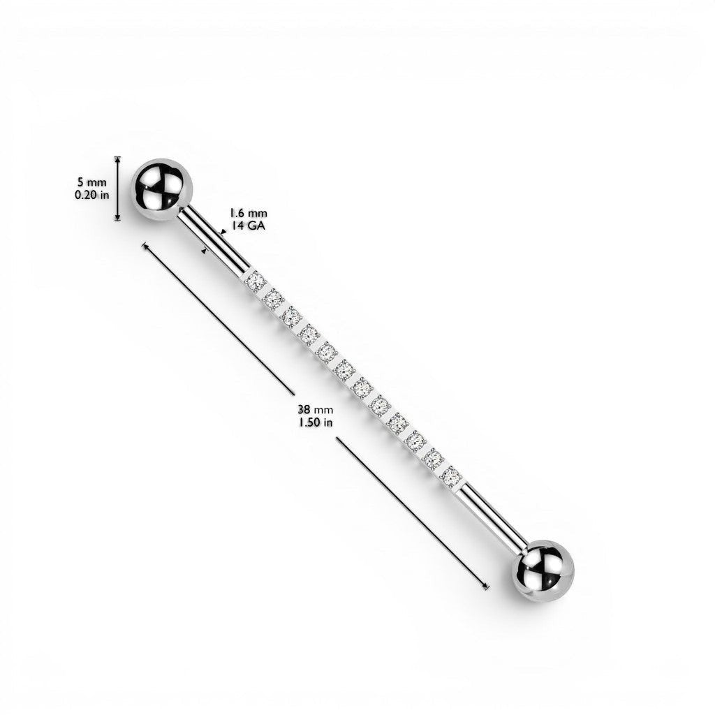 MKBodyJewelry 14G titanium industrial barbell with clear CZ stones and silver balls. 38mm length.