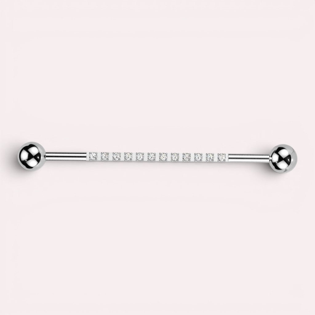 MKBodyJewelry 14G titanium industrial barbell with clear CZ gems and silver balls. For cartilage piercings.