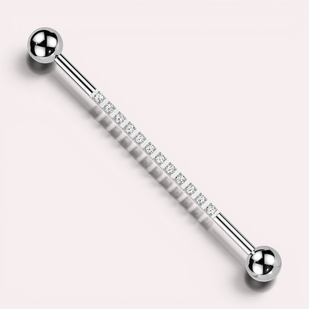 MKBodyJewelry 14G titanium industrial barbell with clear CZ gems and silver balls. For cartilage piercings.