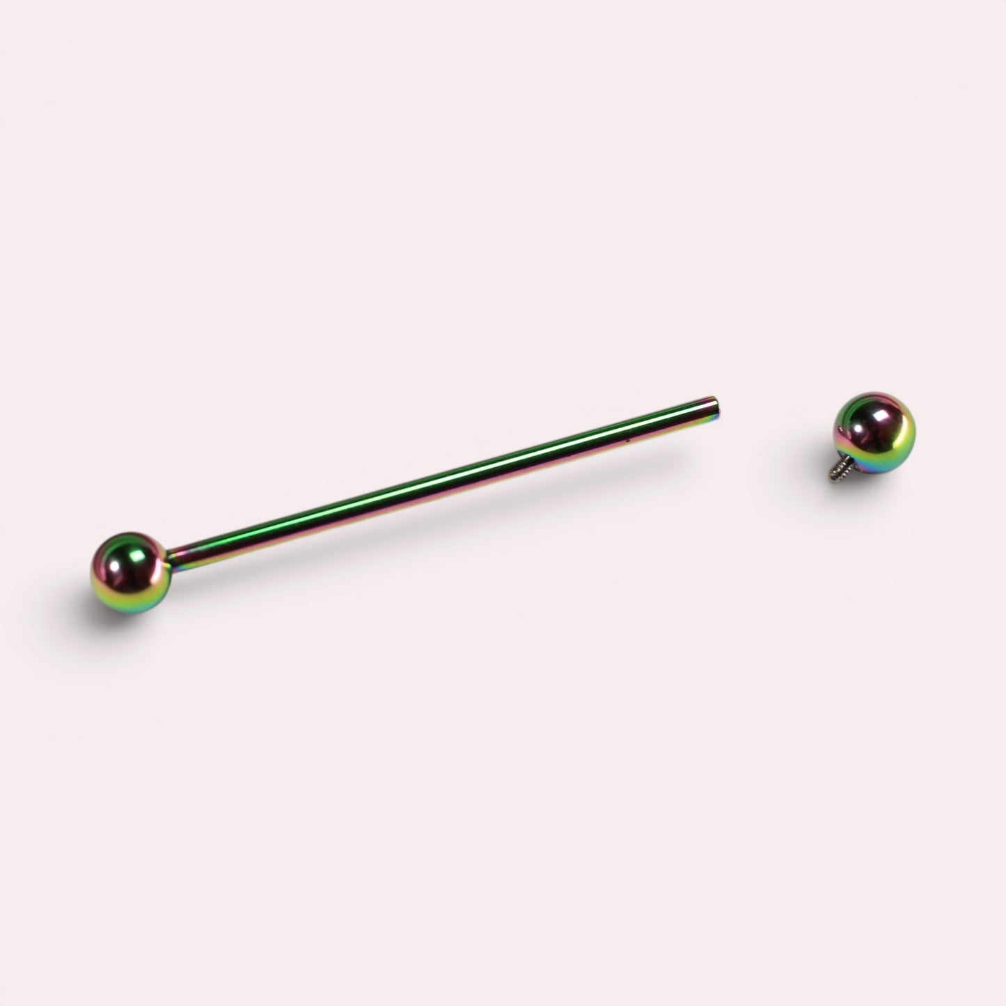 MKBodyJewelry 14G iridescent titanium industrial barbell with 5mm balls for cartilage piercings.