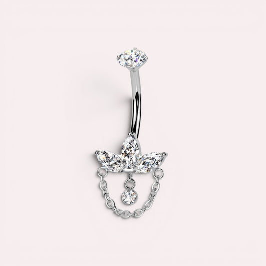 MKBodyJewelry 14g titanium belly button ring featuring a floral lotus design with marquise gems and a dangling chain.