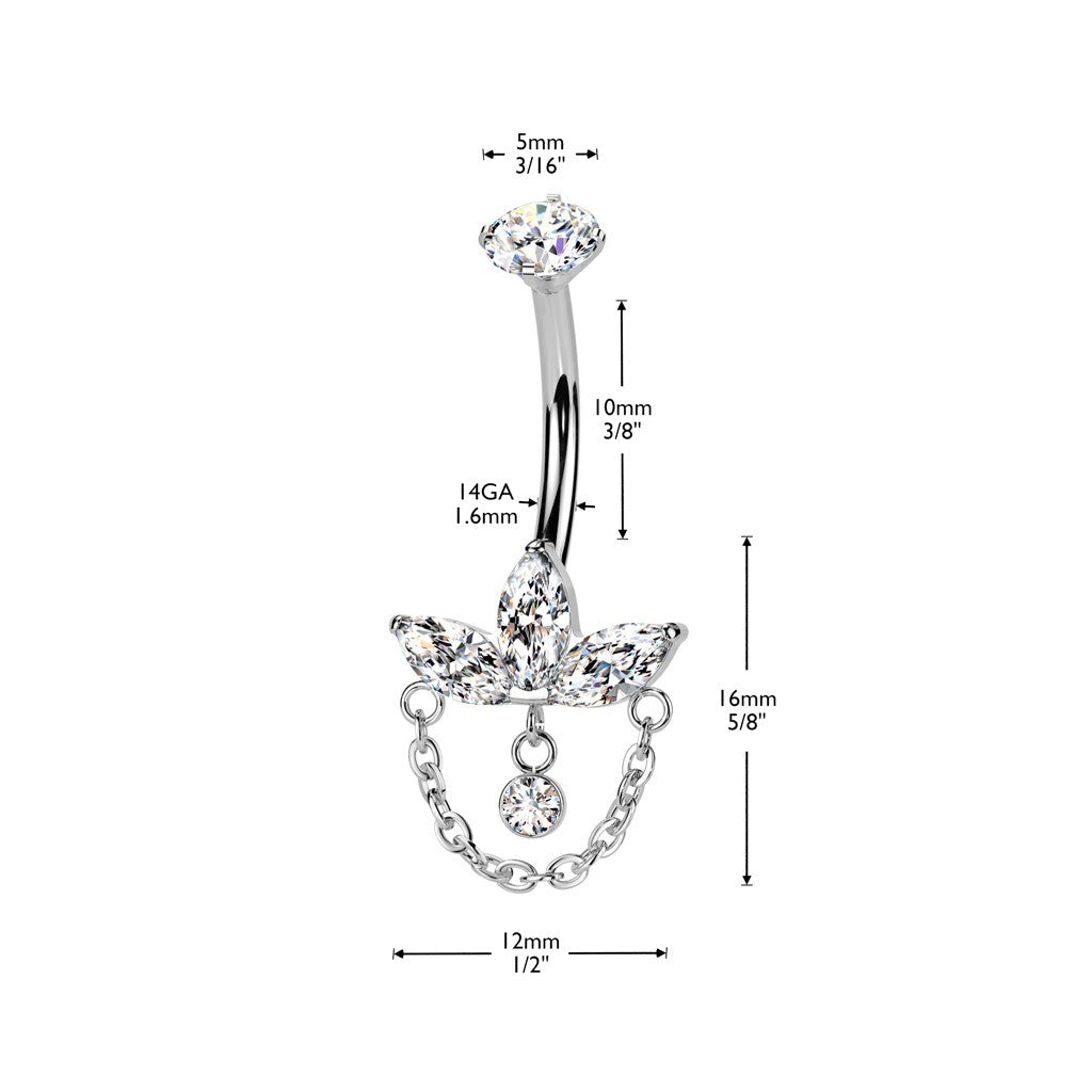 MKBodyJewelry 14g titanium belly button ring featuring a floral lotus design with marquise gems and a dangling chain.