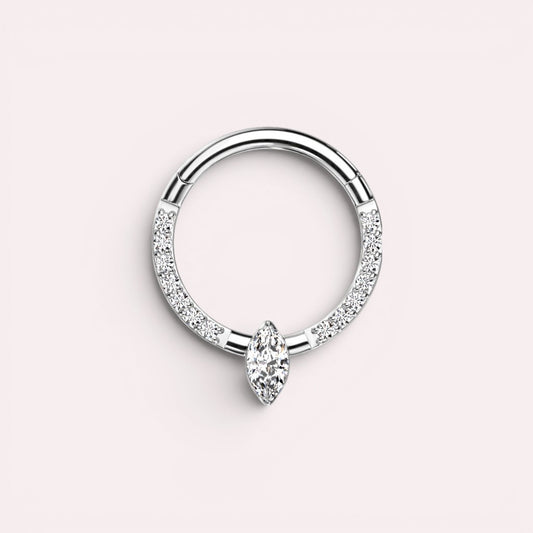 MKBodyJewelry 16g titanium septum clicker ring with a marquise cut center gem and pavé accents.