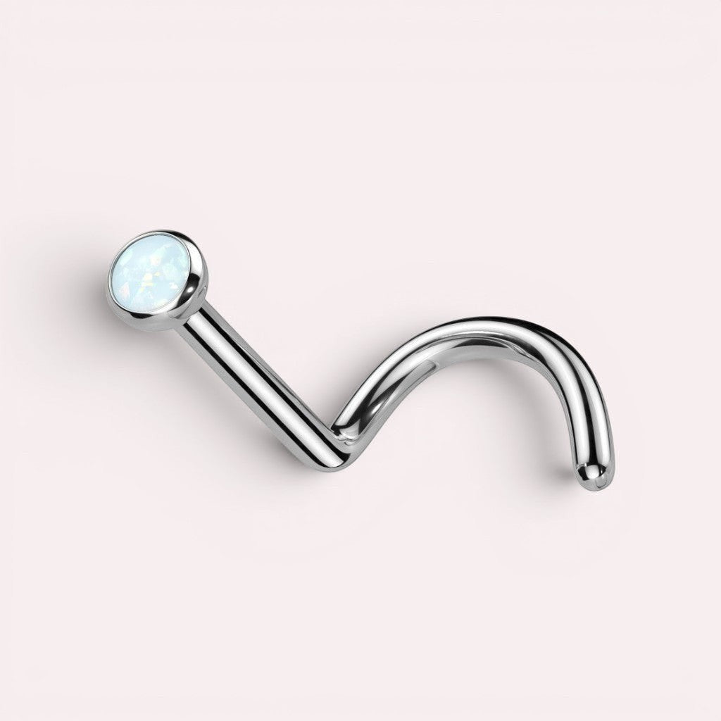 MKBodyJewelry 20G titanium nose stud with a round opal gem and secure S-shaped corkscrew post for sensitive skin