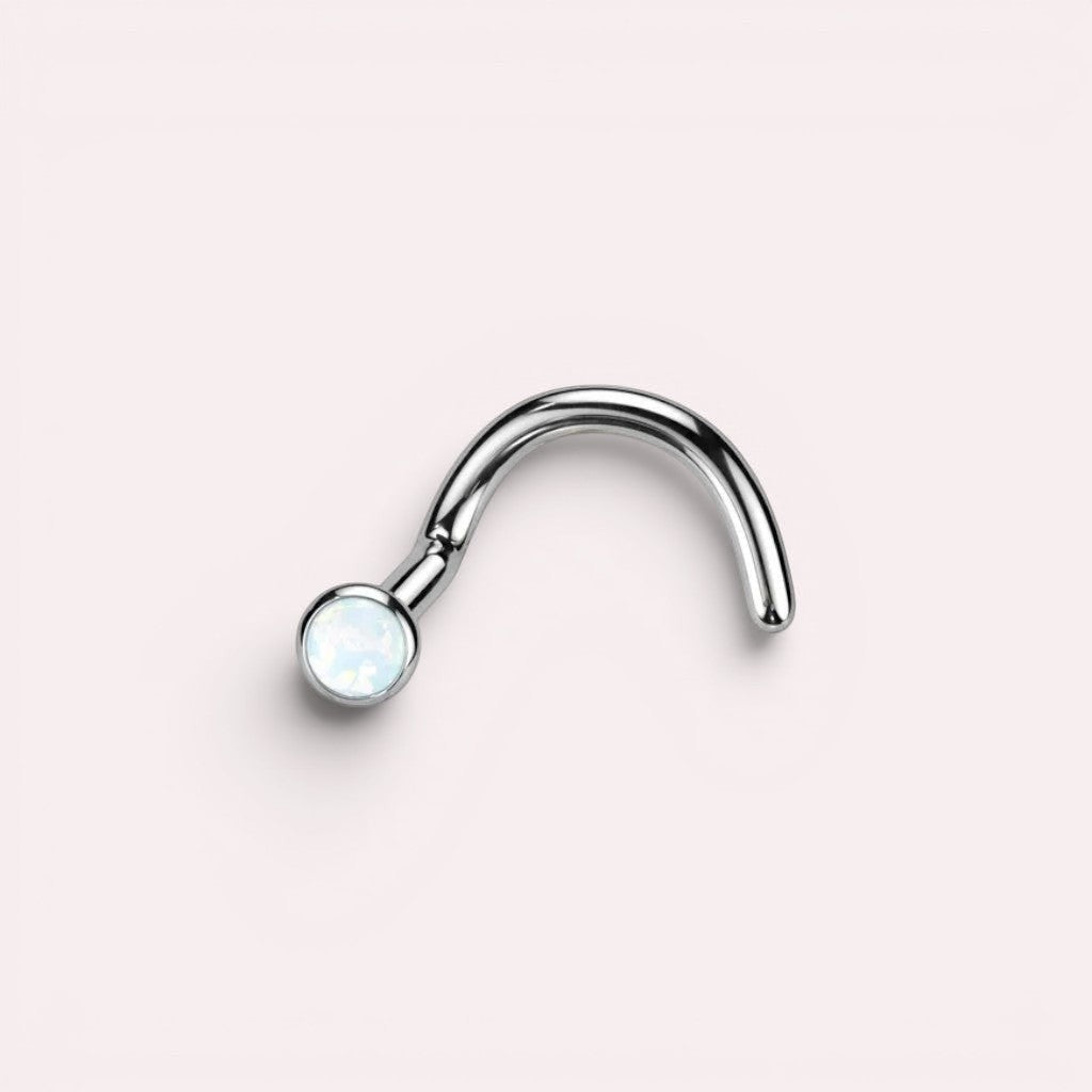 MKBodyJewelry 20G titanium nose stud with a round opal gem and a secure silver corkscrew S-shaped post.
