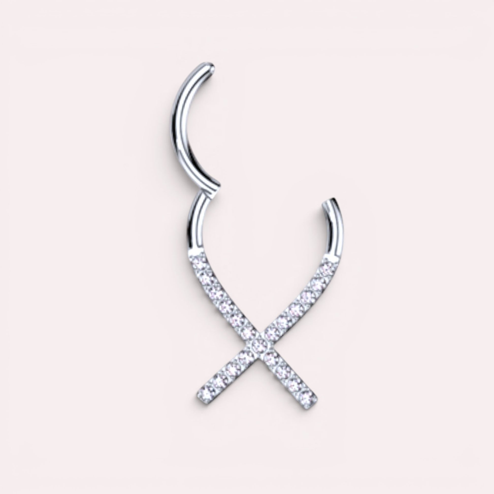 MKBodyJewelry silver titanium 16g septum clicker ring with clear gems in a criss-cross design. Hinged hoop for easy wear.