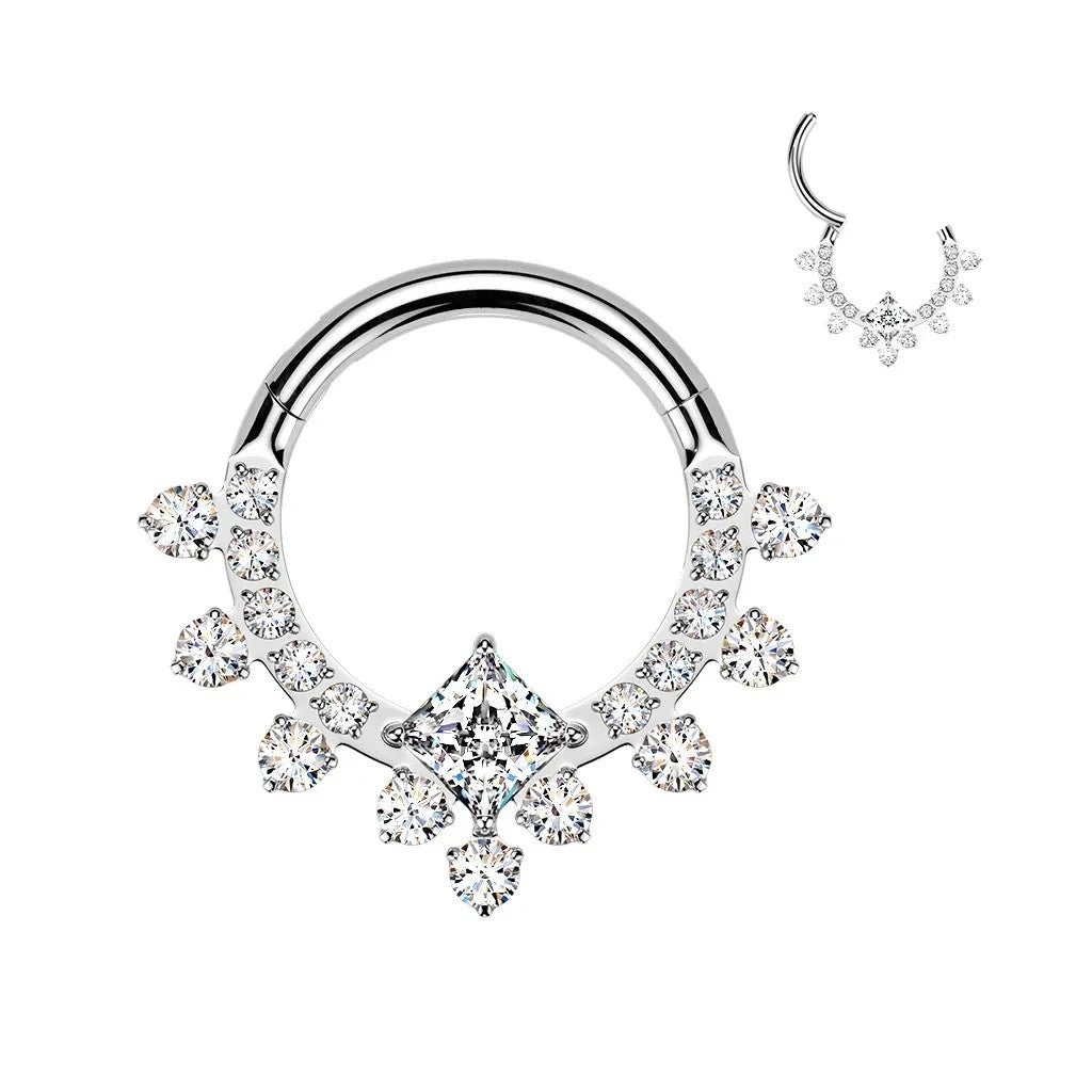 MKBodyJewelry silver titanium septum clicker ring with sparkling CZ crystals and a central princess-cut stone.