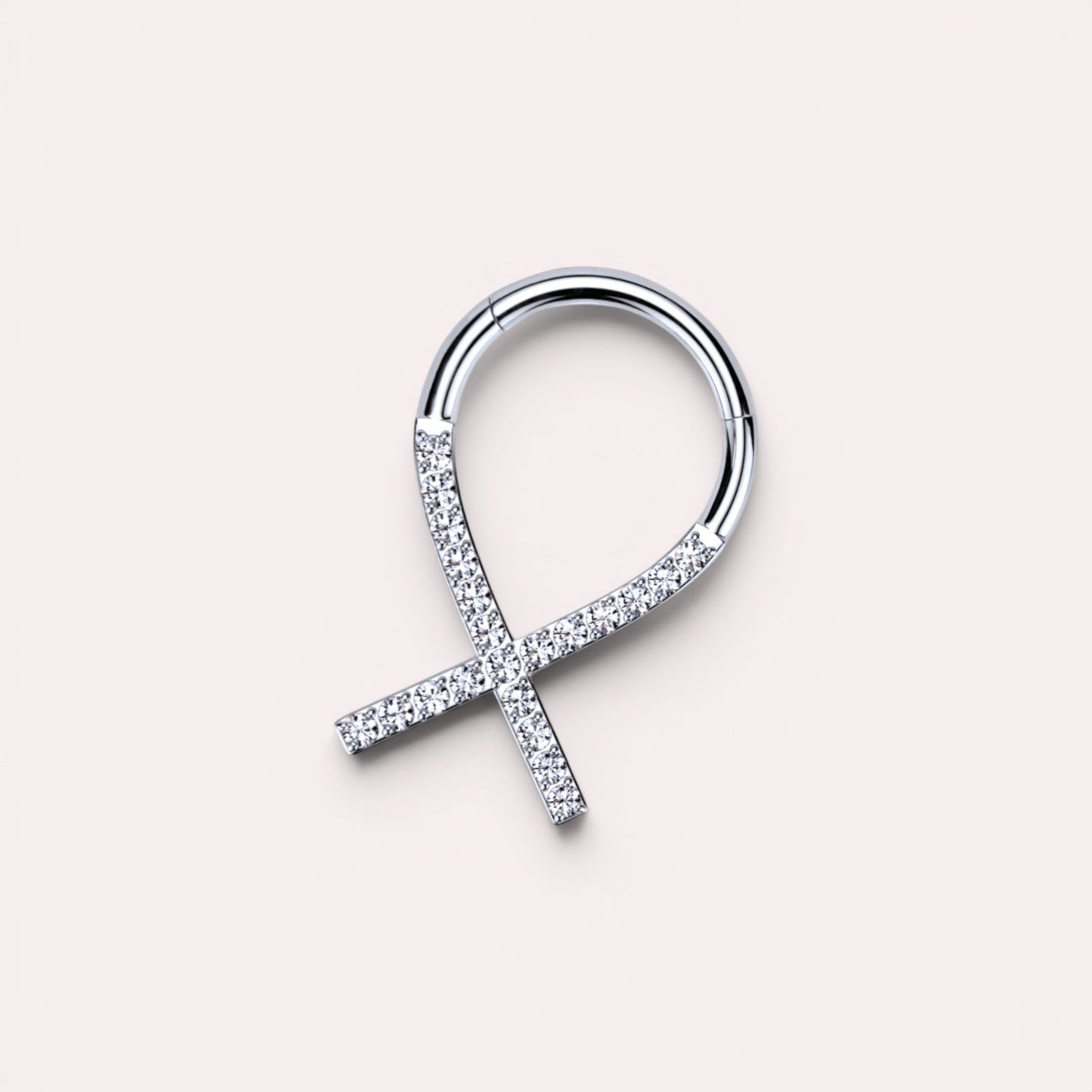 MKBodyJewelry silver titanium septum clicker ring with clear gems in a criss-cross design, 16g