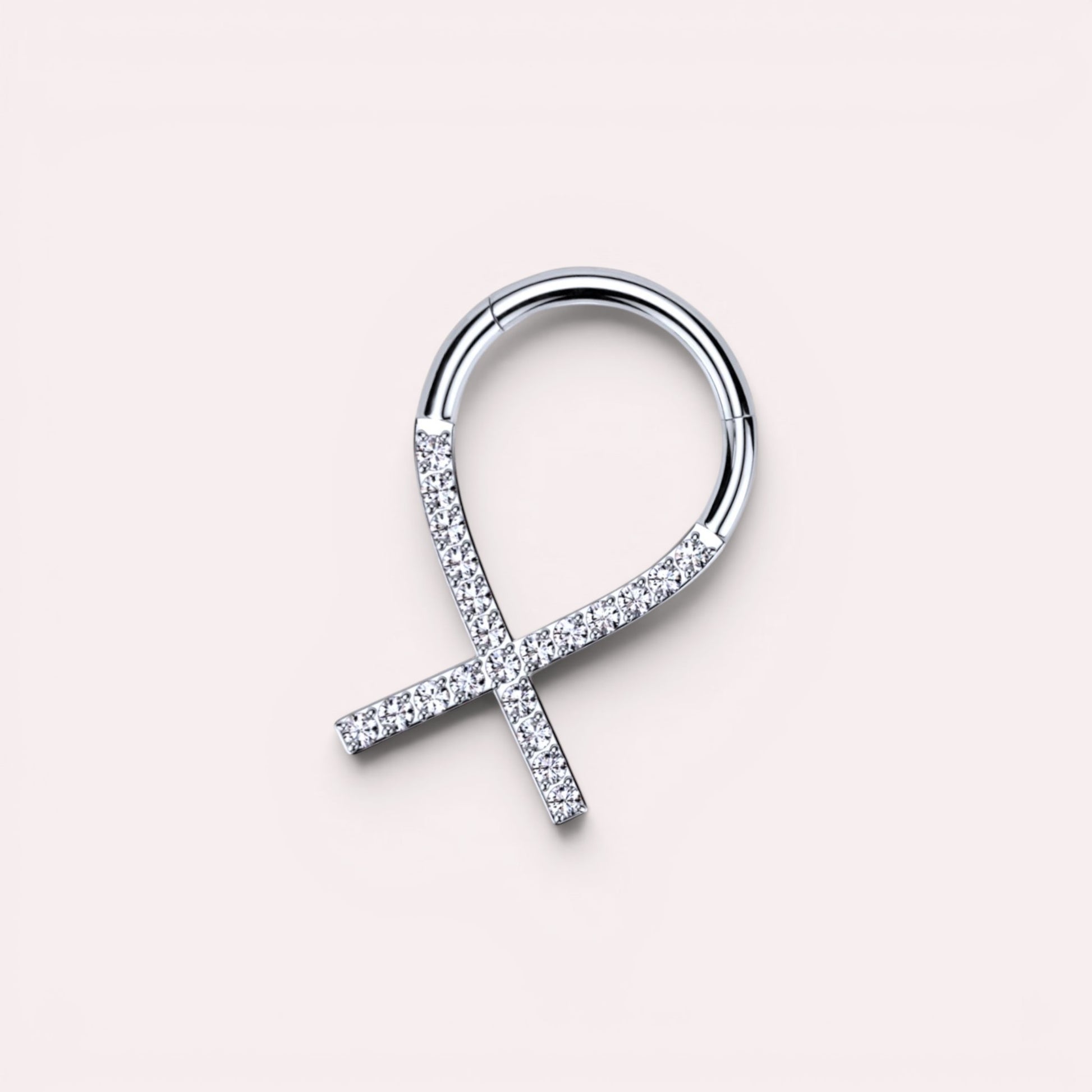 MKBodyJewelry silver titanium septum clicker ring with clear gems in a criss-cross design, 16g