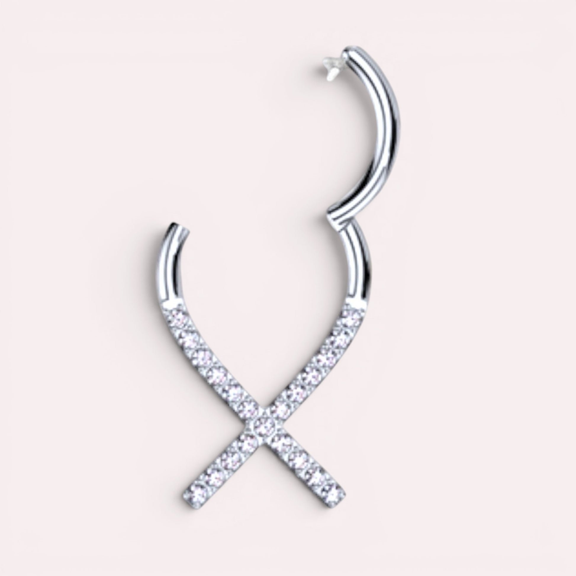 MKBodyJewelry silver titanium 16g septum clicker ring with clear gems in a criss-cross design. Hinged hoop for easy wear.