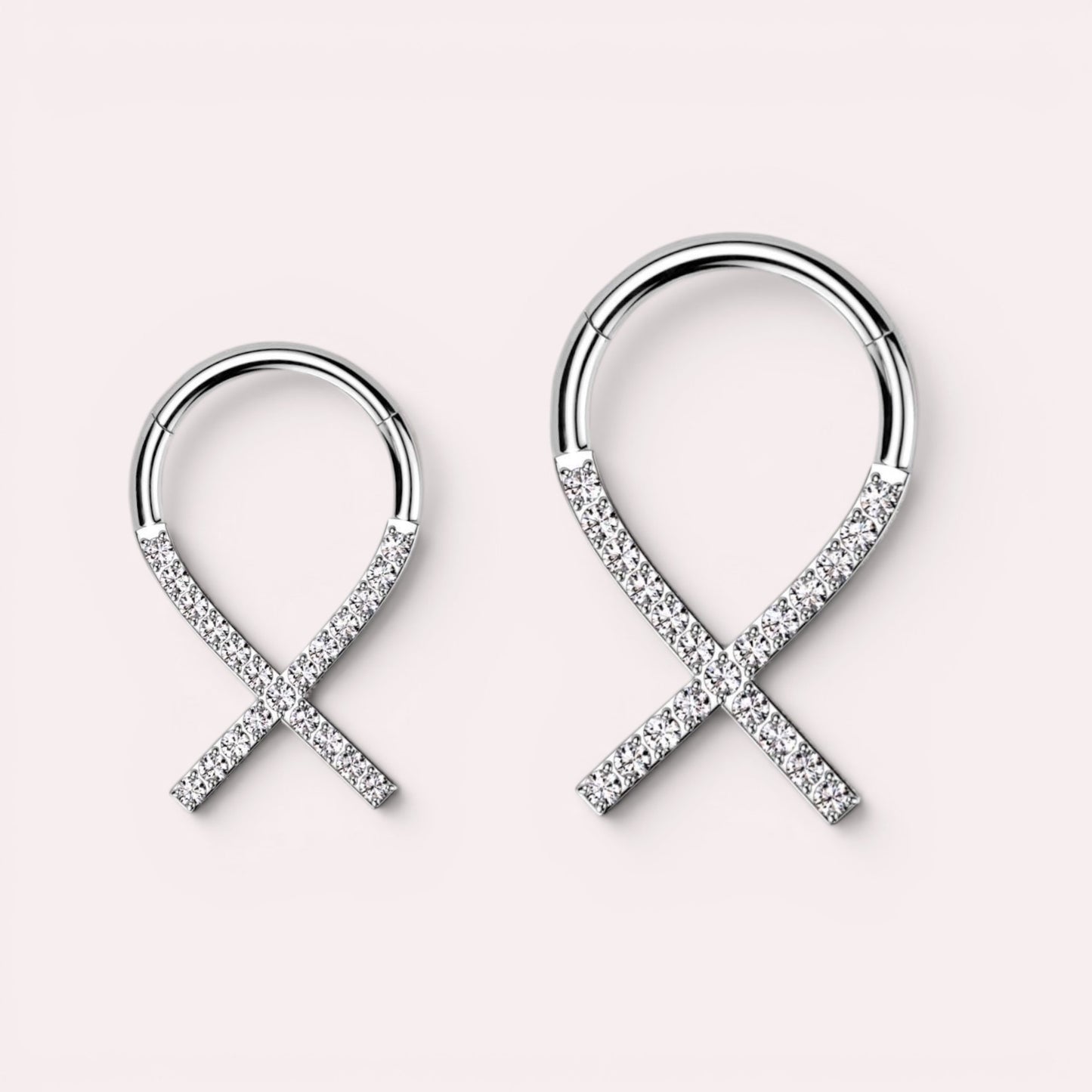MKBodyJewelry Silver titanium septum clicker ring with clear gems in a criss-cross design, 16g hinged hoop.