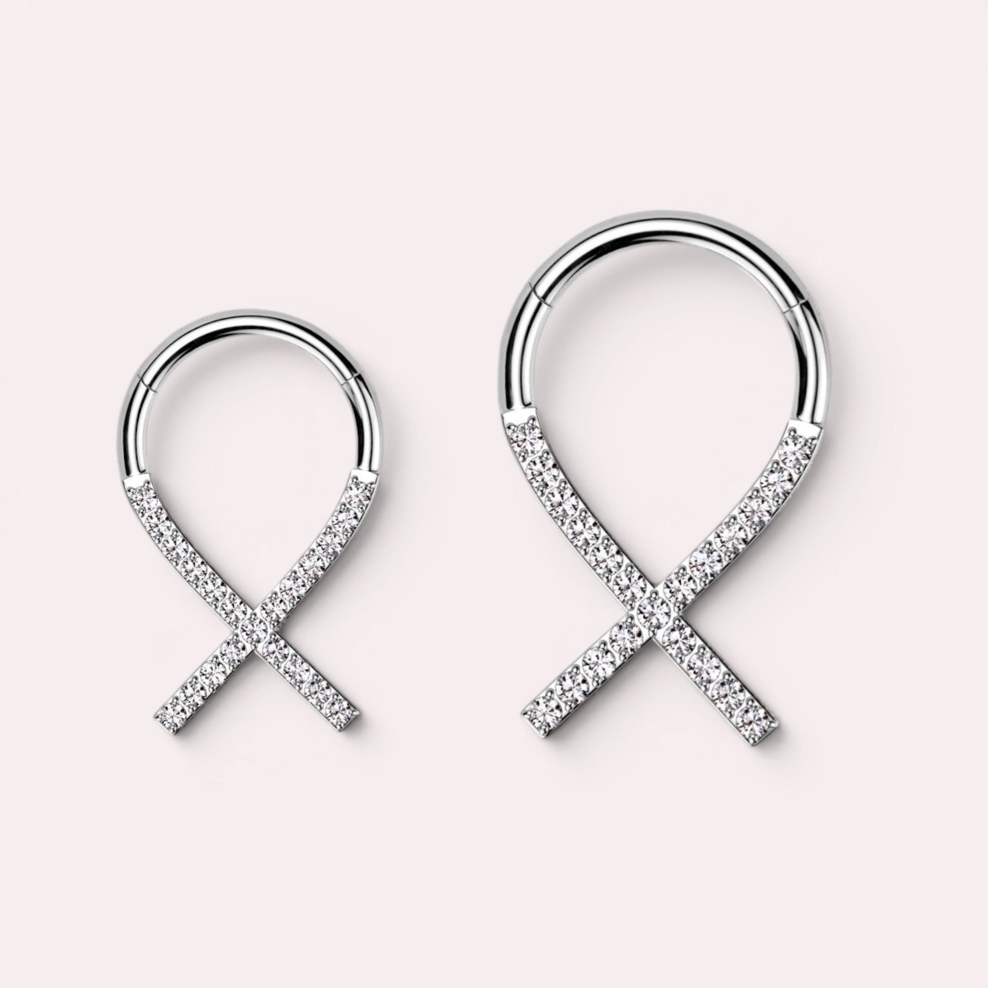MKBodyJewelry Silver titanium septum clicker ring with clear gems in a criss-cross design, 16g hinged hoop.
