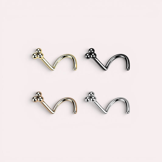 MKBodyJewelry triple ball nose screw studs in gold, black, rose gold, and silver finishes for facial piercings.