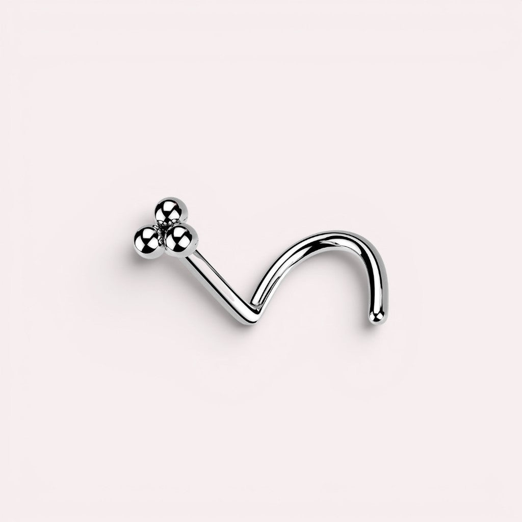 MKBodyJewelry silver triple ball nose screw with a polished finish and secure curved design for facial piercings.